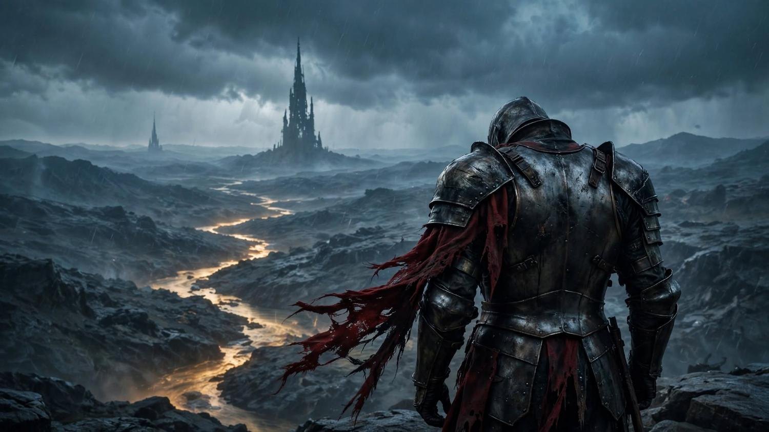 The armor from behind. The cloak torn to threads. Two spires, and the river between them.