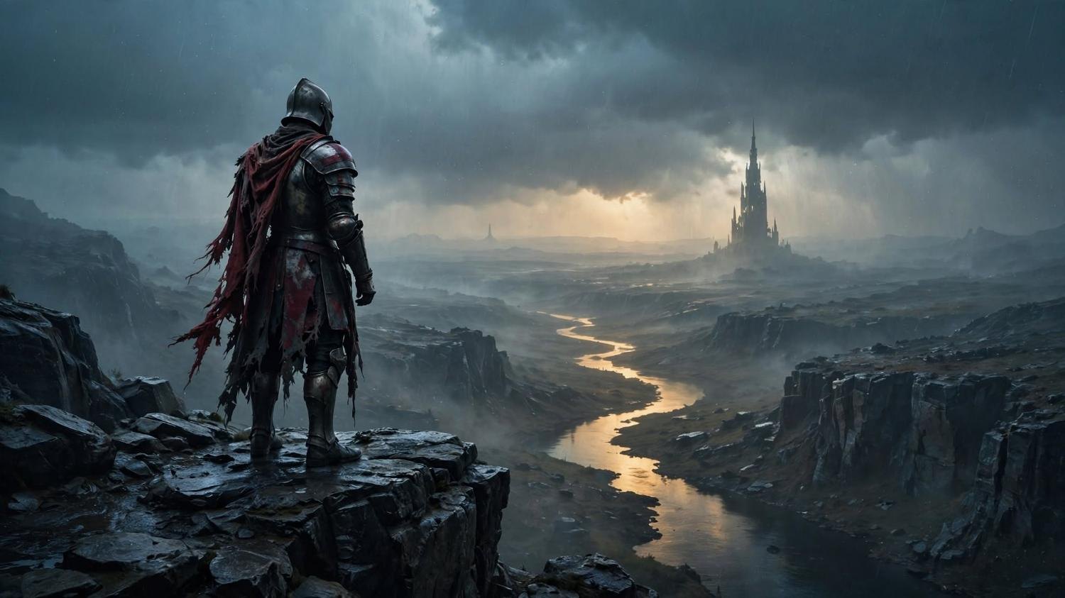 An armored figure, torn red cloak, back to the room, a lit river and a spire under storm.