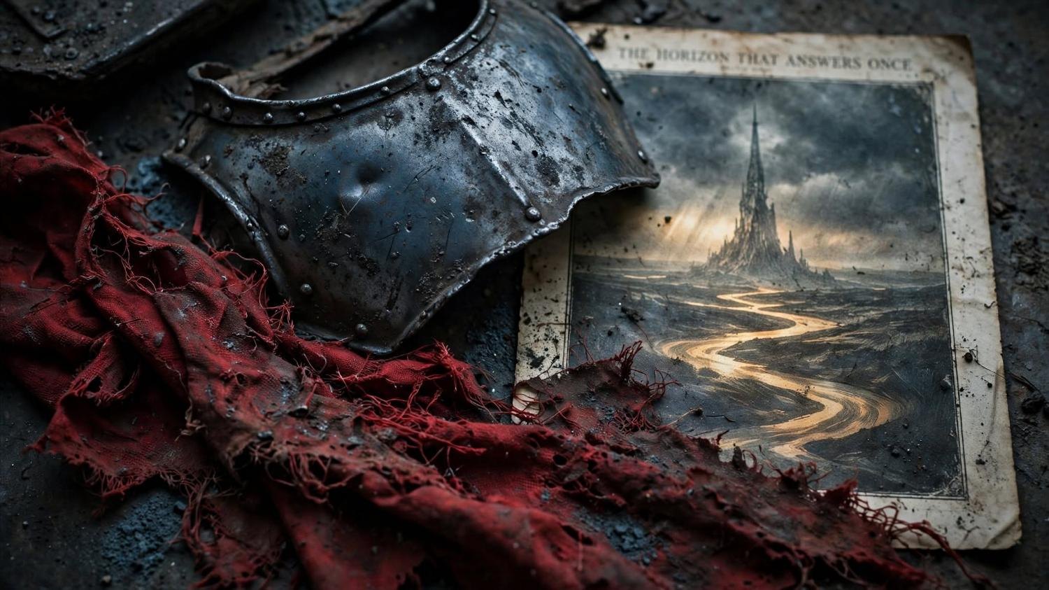 A gorget, a strip of the red cloak, and a print of the same horizon.
