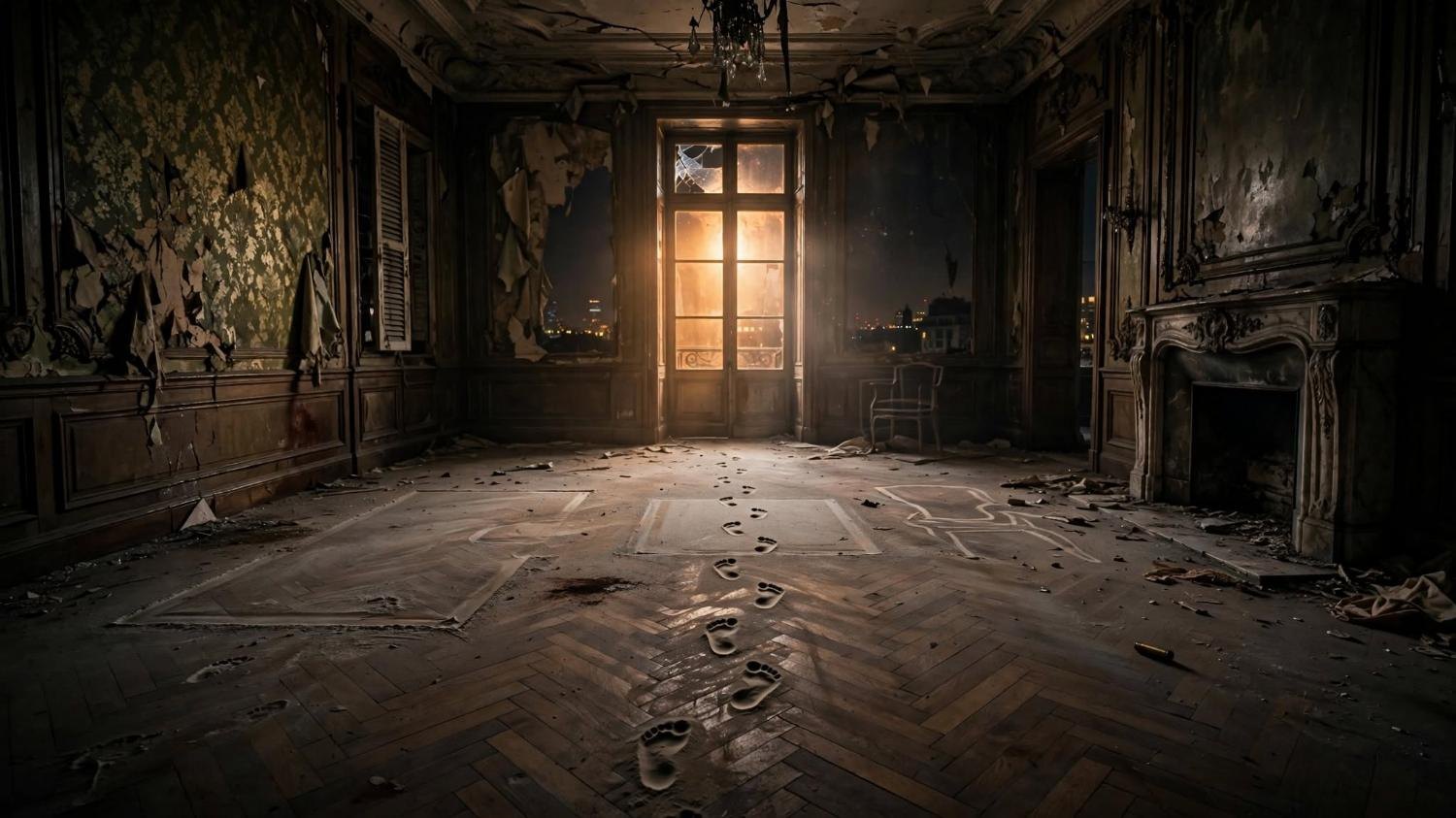 Footprints on the parquet. The furniture is only an outline.