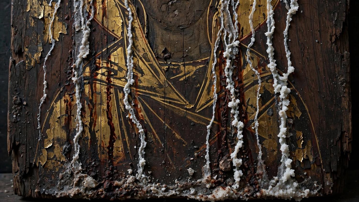 Salt running in lines over cracked gold. The face is out of the frame.