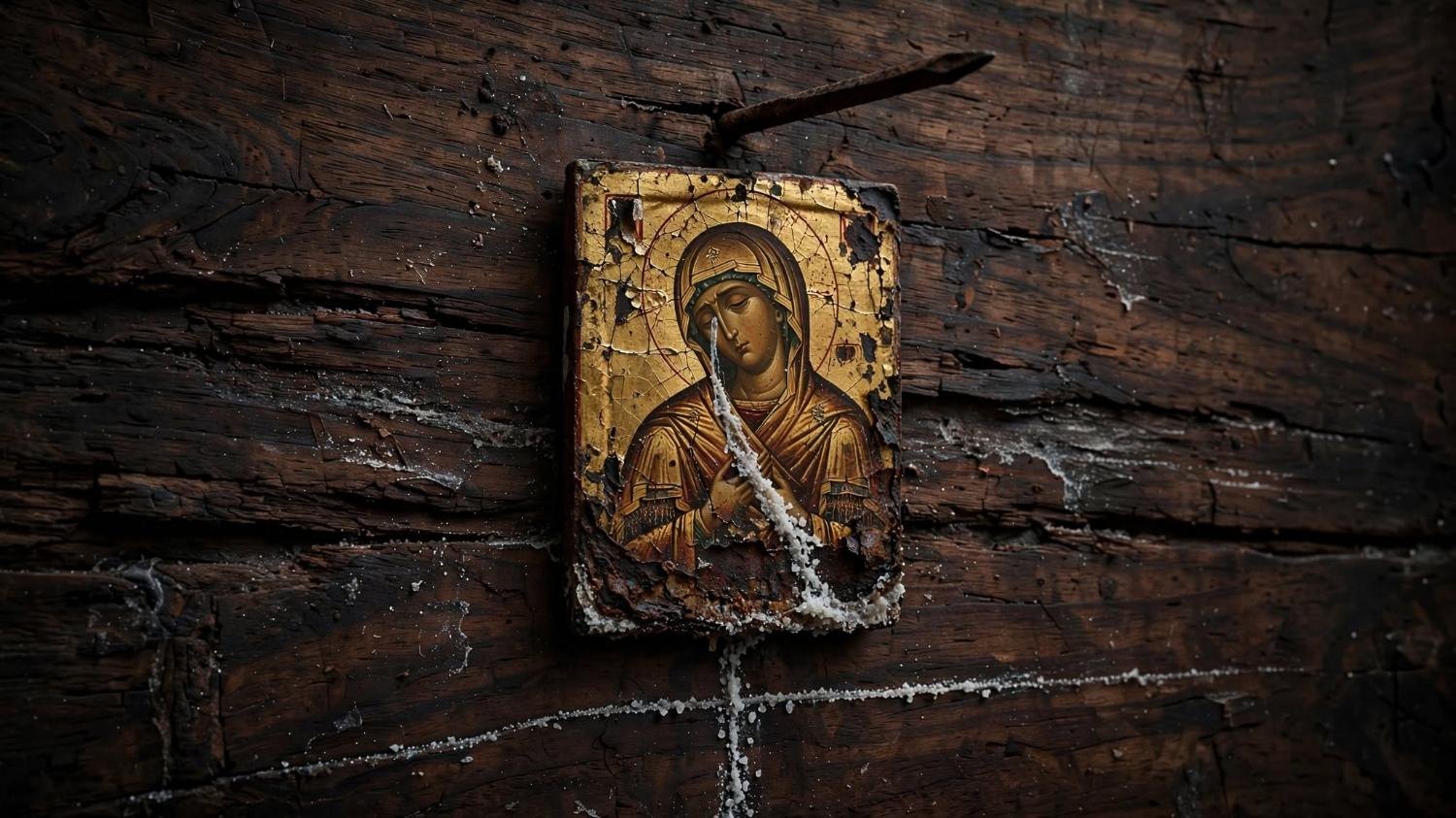 The small icon nailed to the boards. One line of salt reaches the wood.