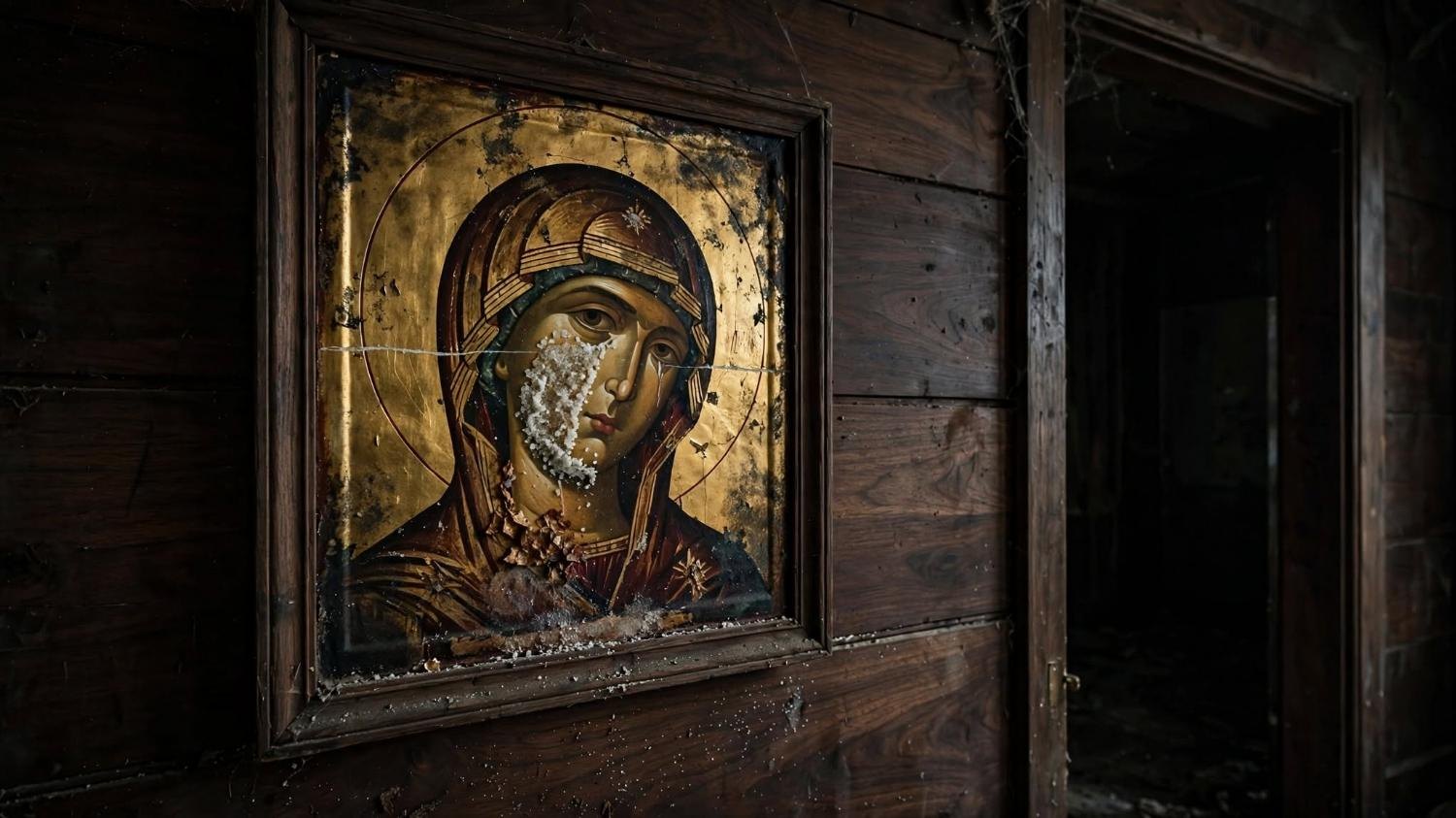 A cracked gold icon on dark boards. Salt on the cheek. An empty doorway beside it.
