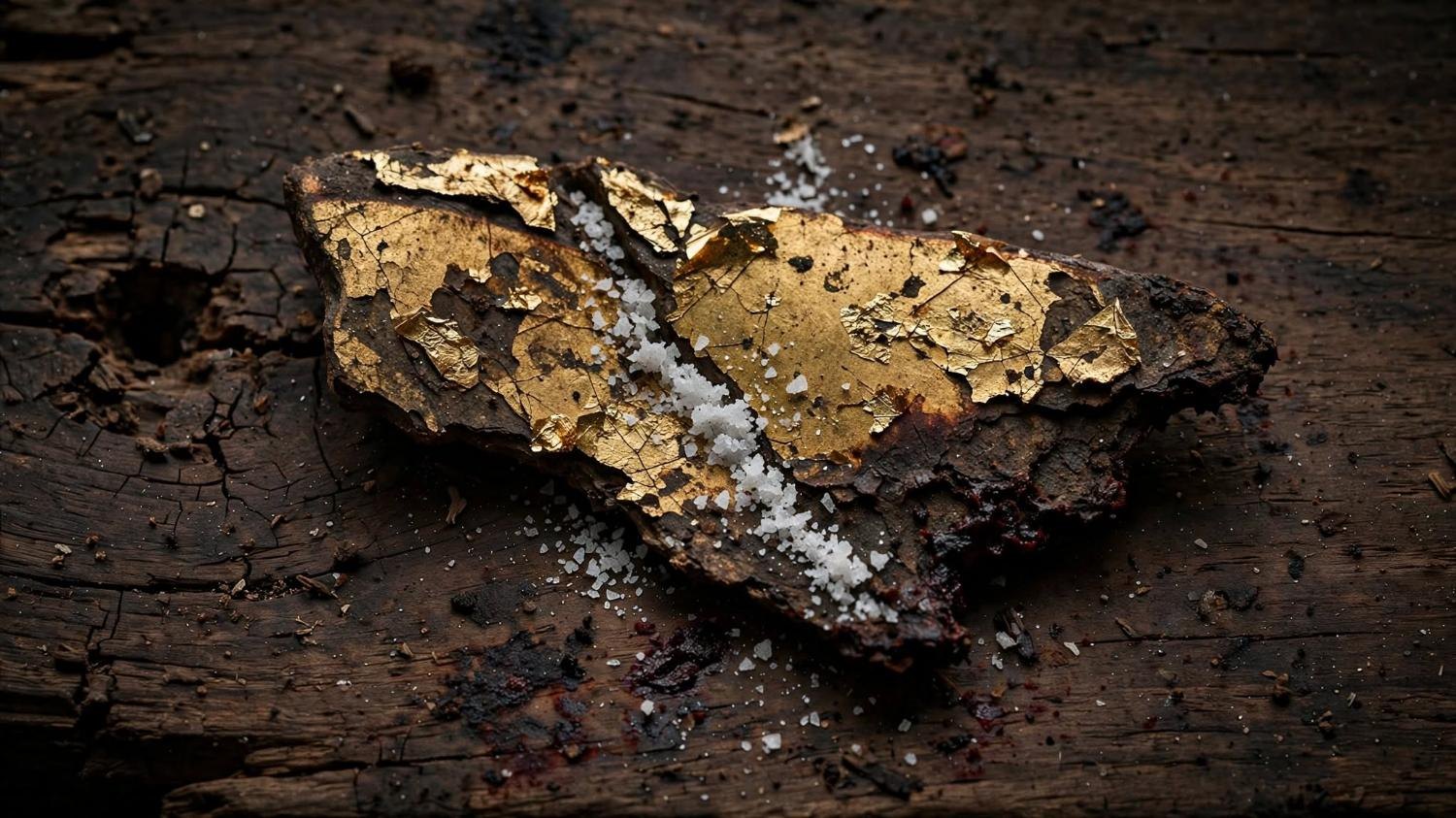 A shard of the icon. Gold leaf and salt in the crack, on dark wood.