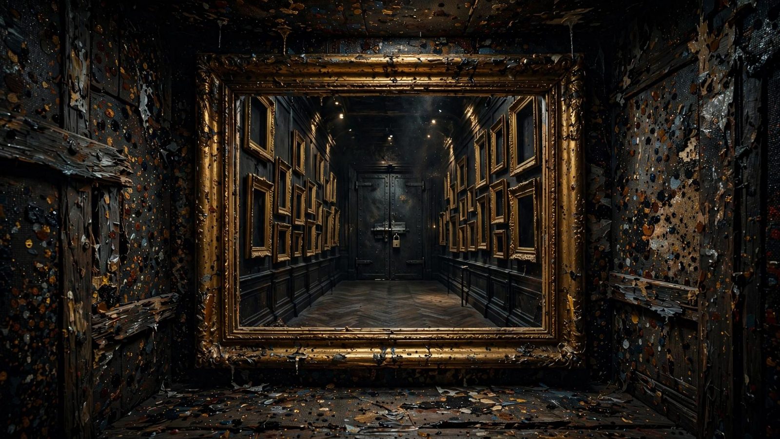 One enormous gilt frame opening onto a gallery that continues inside it.