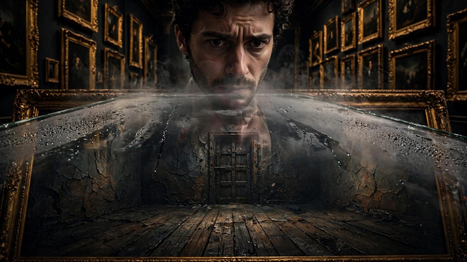 A man's face close to the glass, breath on a painting of a bare room.