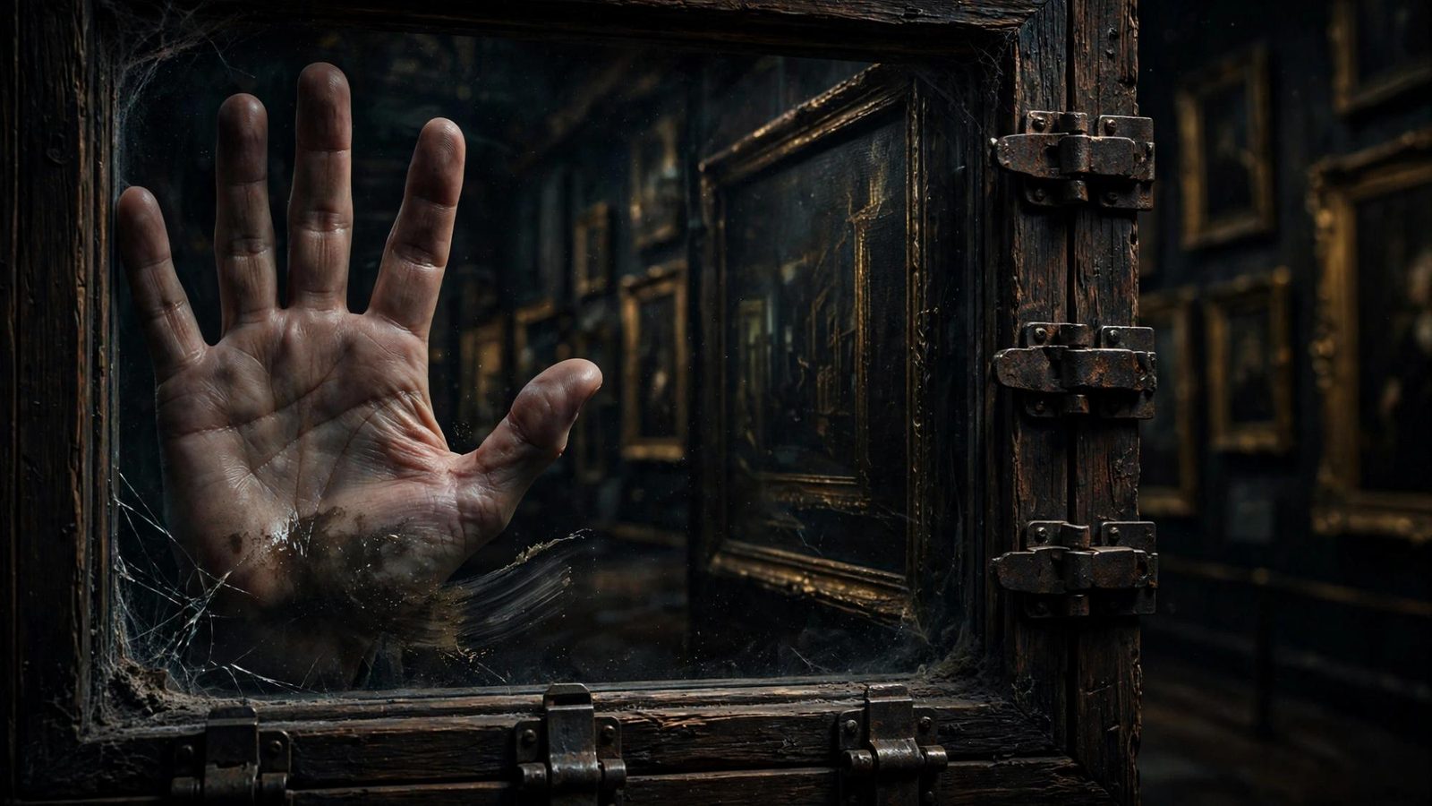A hand pressed to the inside of a framed glass, seen from the gallery side.