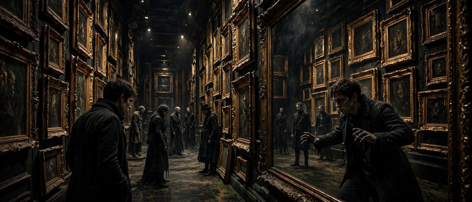 Two men in a gilt aisle, their reflections no longer matching their stance.