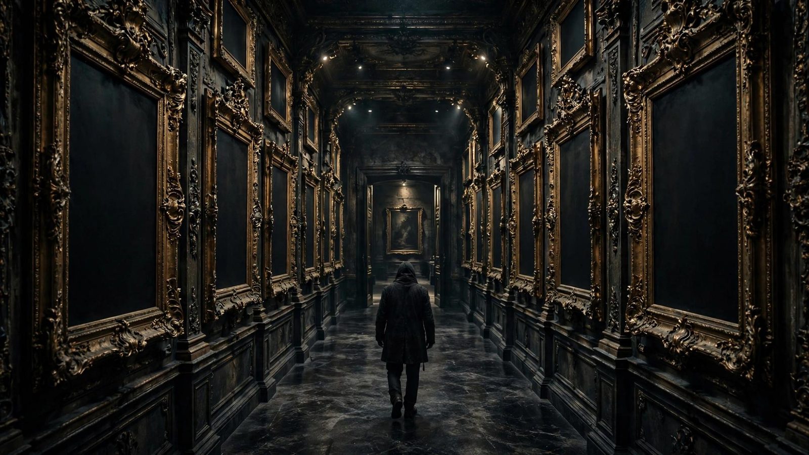 A hooded figure walking away down a corridor of frames.