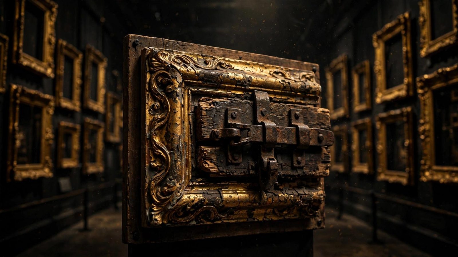 The lock on the back of a gilt frame, ornate and meant to close from within.
