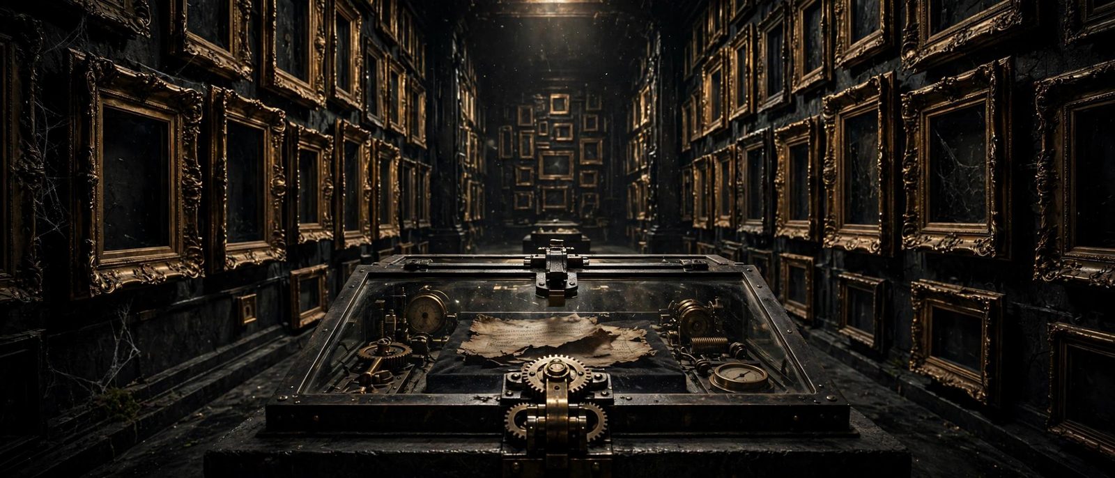 A mechanical chest at the end of a gallery hall, papers waiting on it.