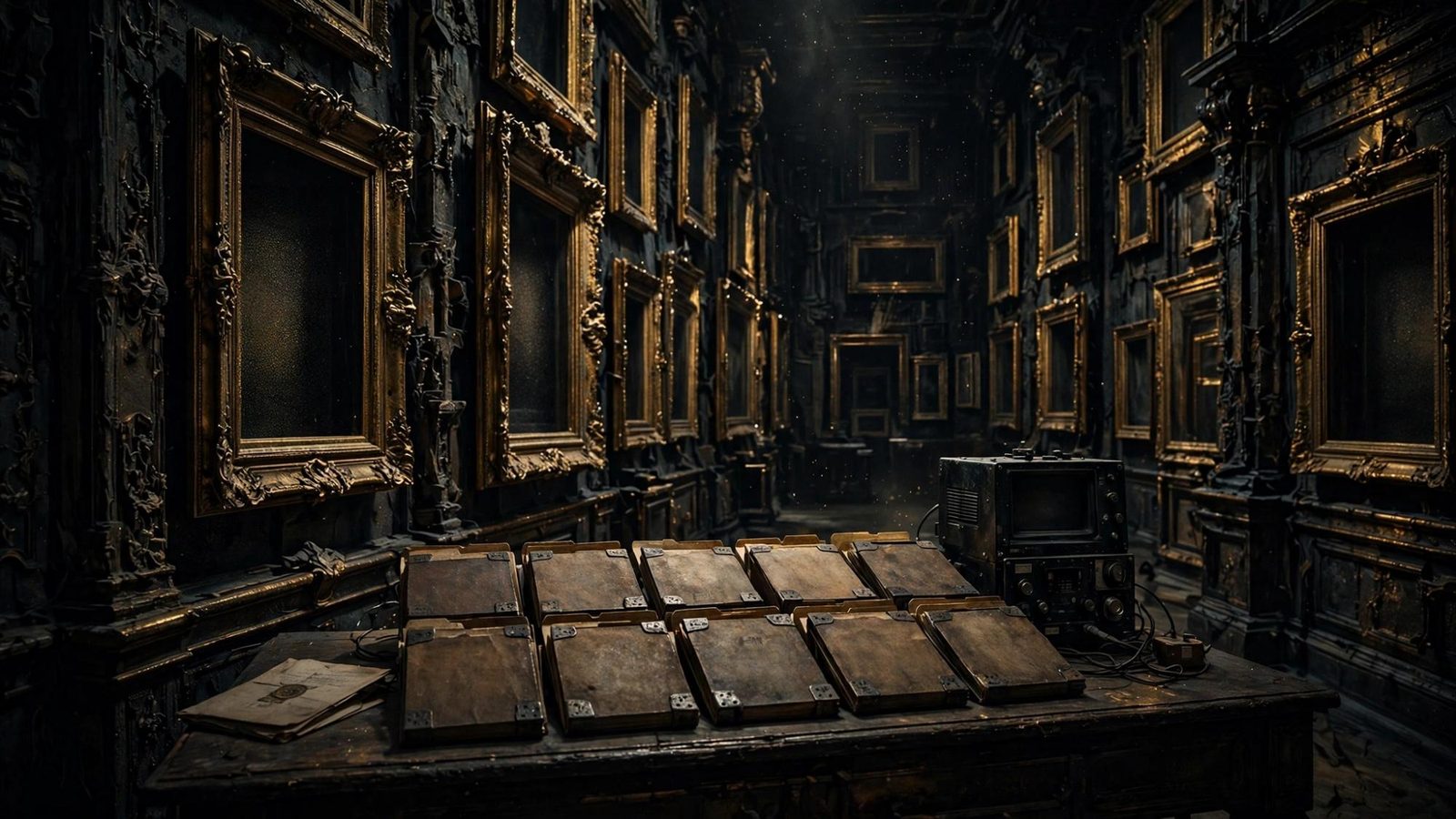 Rows of locked boxes and a recorder on a table between the frames.