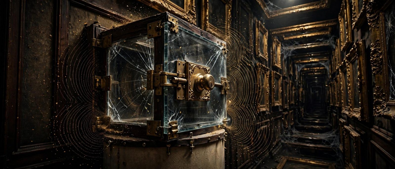 A cracked glass safe in the aisle, a ring of light caught in the break.