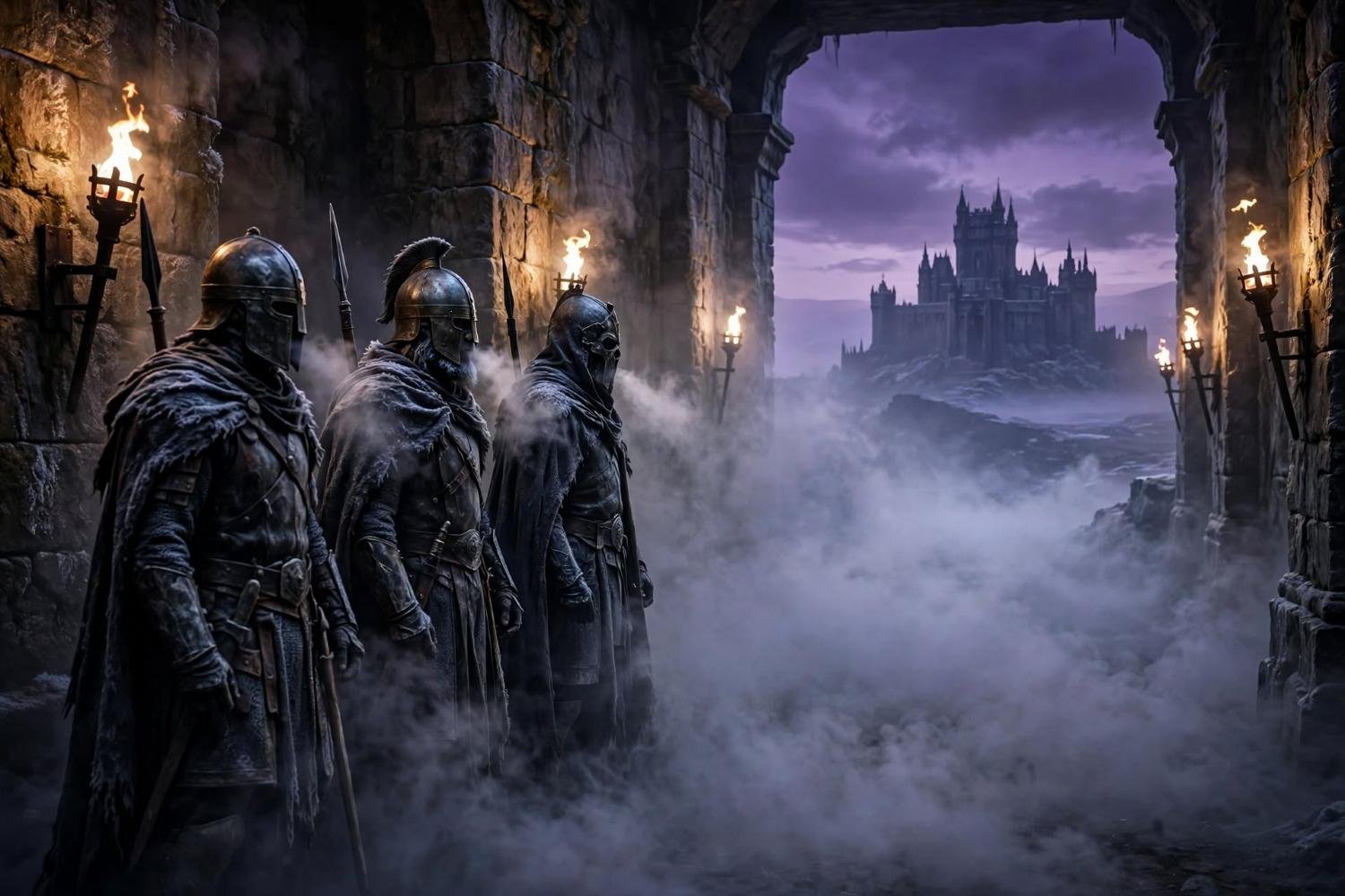 Three under the arch, torches lit, a gap in the line