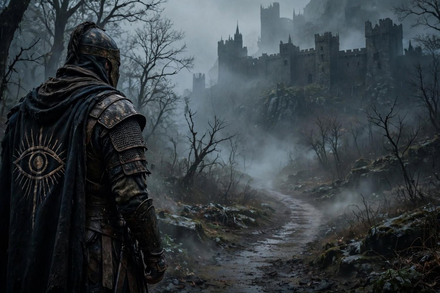 One warrior at the edge, an eye sigil on the cloak