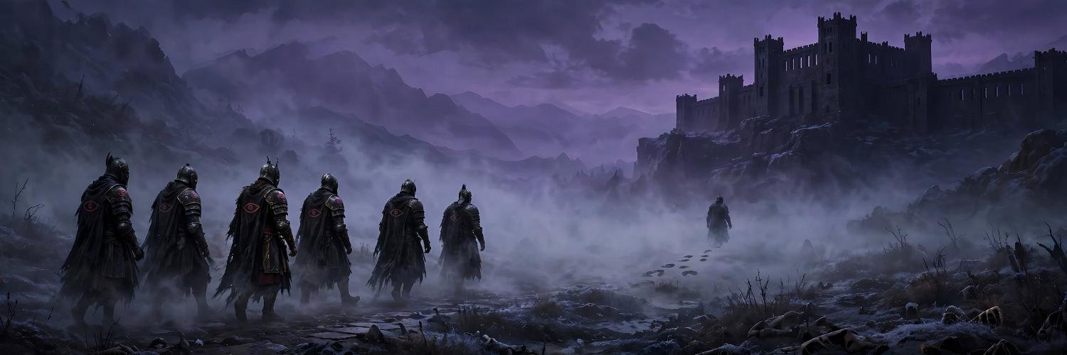 A line of warriors walking the fog toward Blackstone Keep