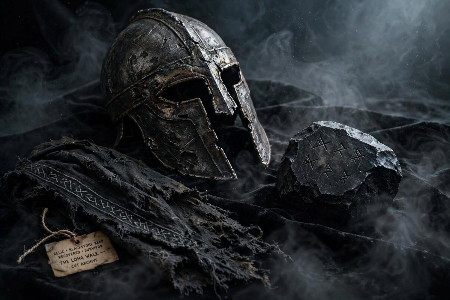 A helmet and a black stone taken off the walk