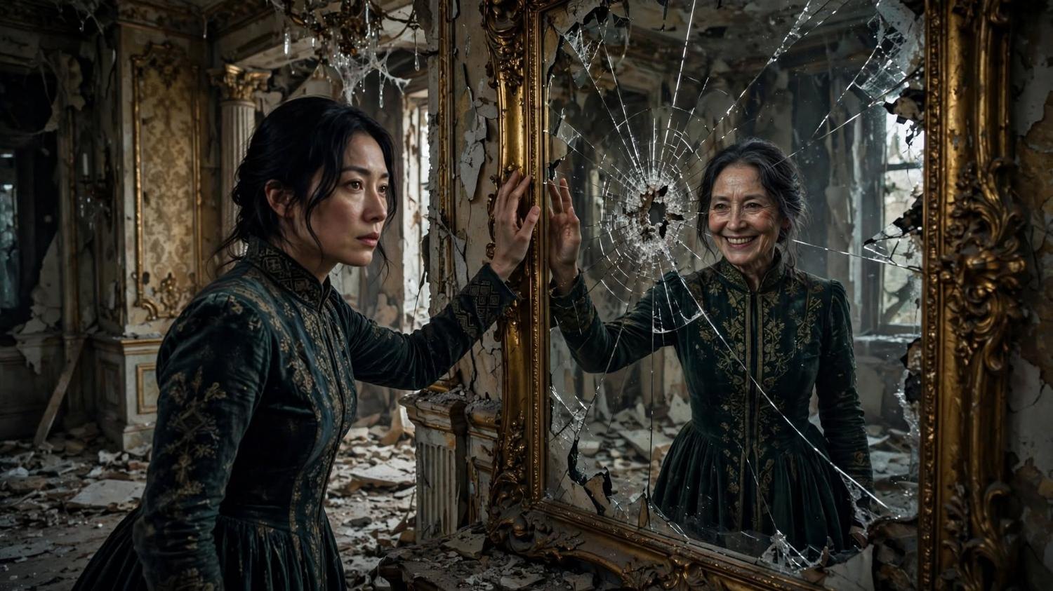 She raises a hand. The reflection is late.
