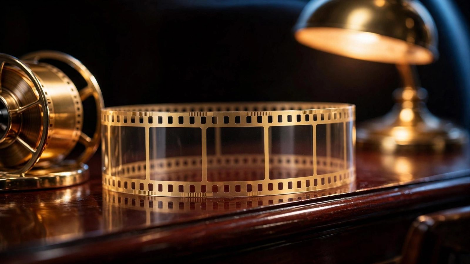 A clear strip coiled on polished wood. The frames are empty. A brass lamp makes the nothing easier to see.
