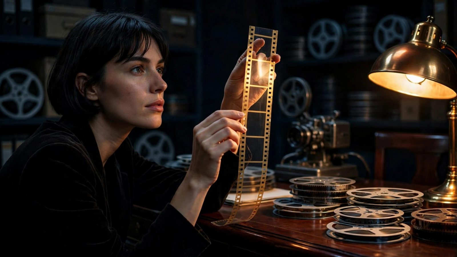 A woman raising a ribbon of empty film into the lamp light.