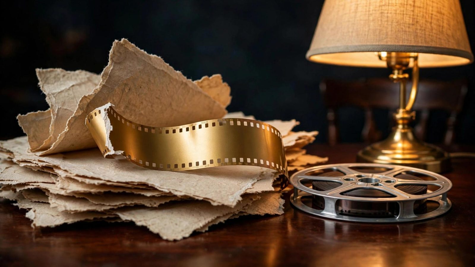 Blank film laid over torn manila paper beside a metal reel.