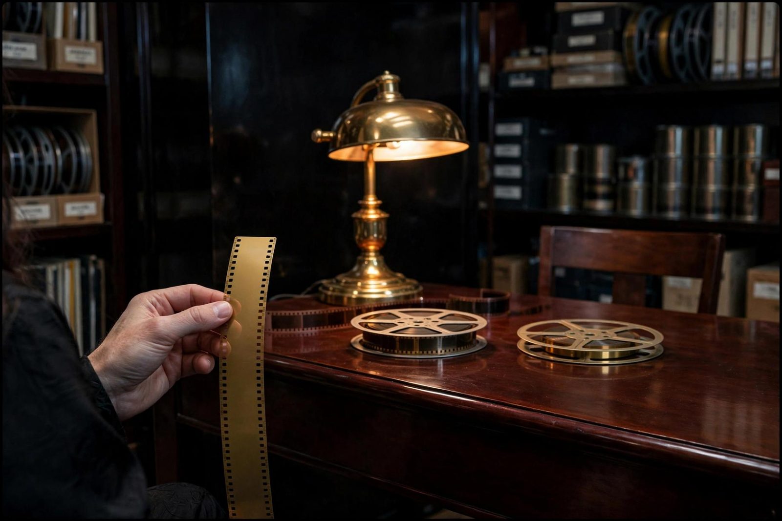 A brass lamp and a film reel on an otherwise quiet desk.