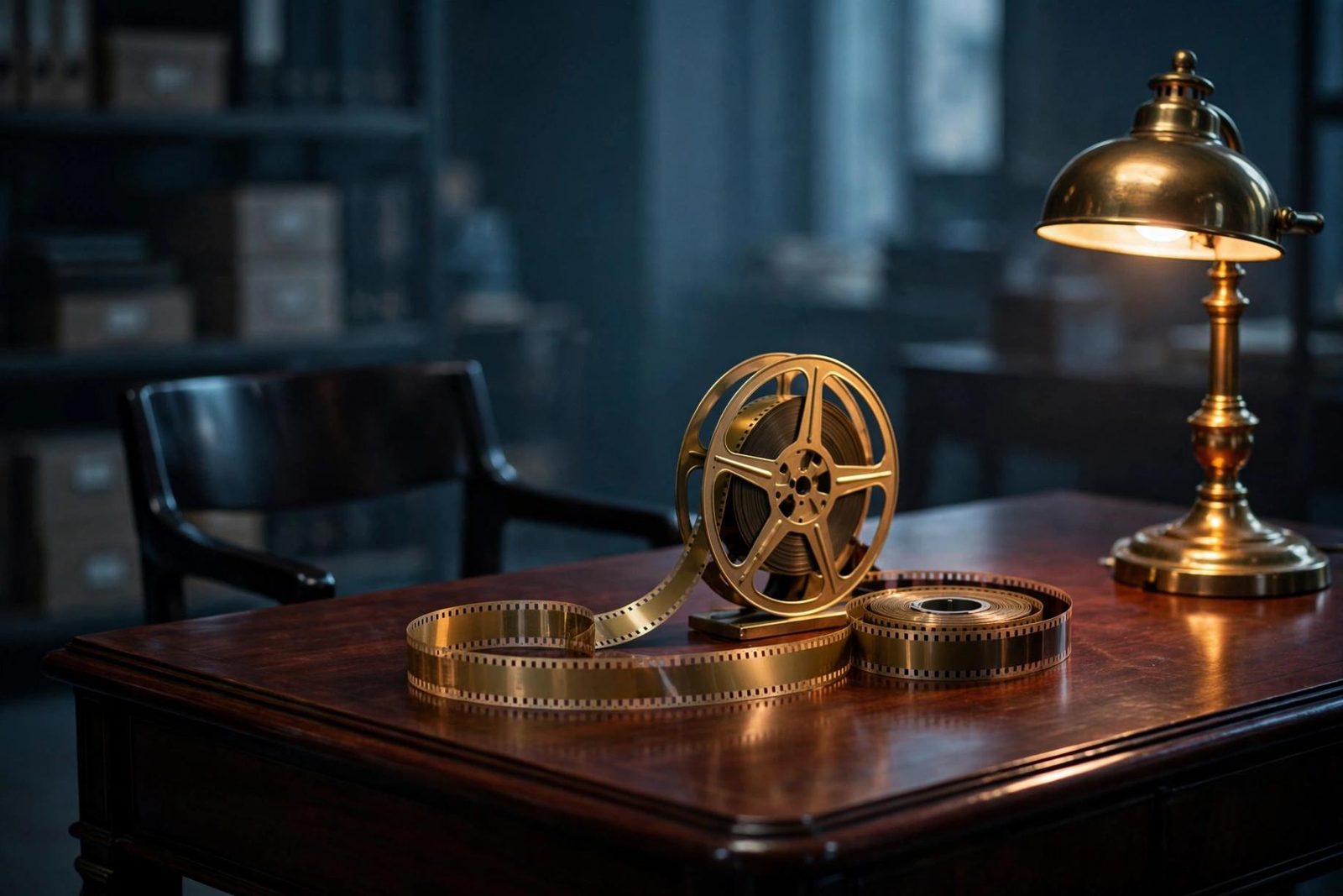 An open drawer of film cans and a coil, the catalog line empty.