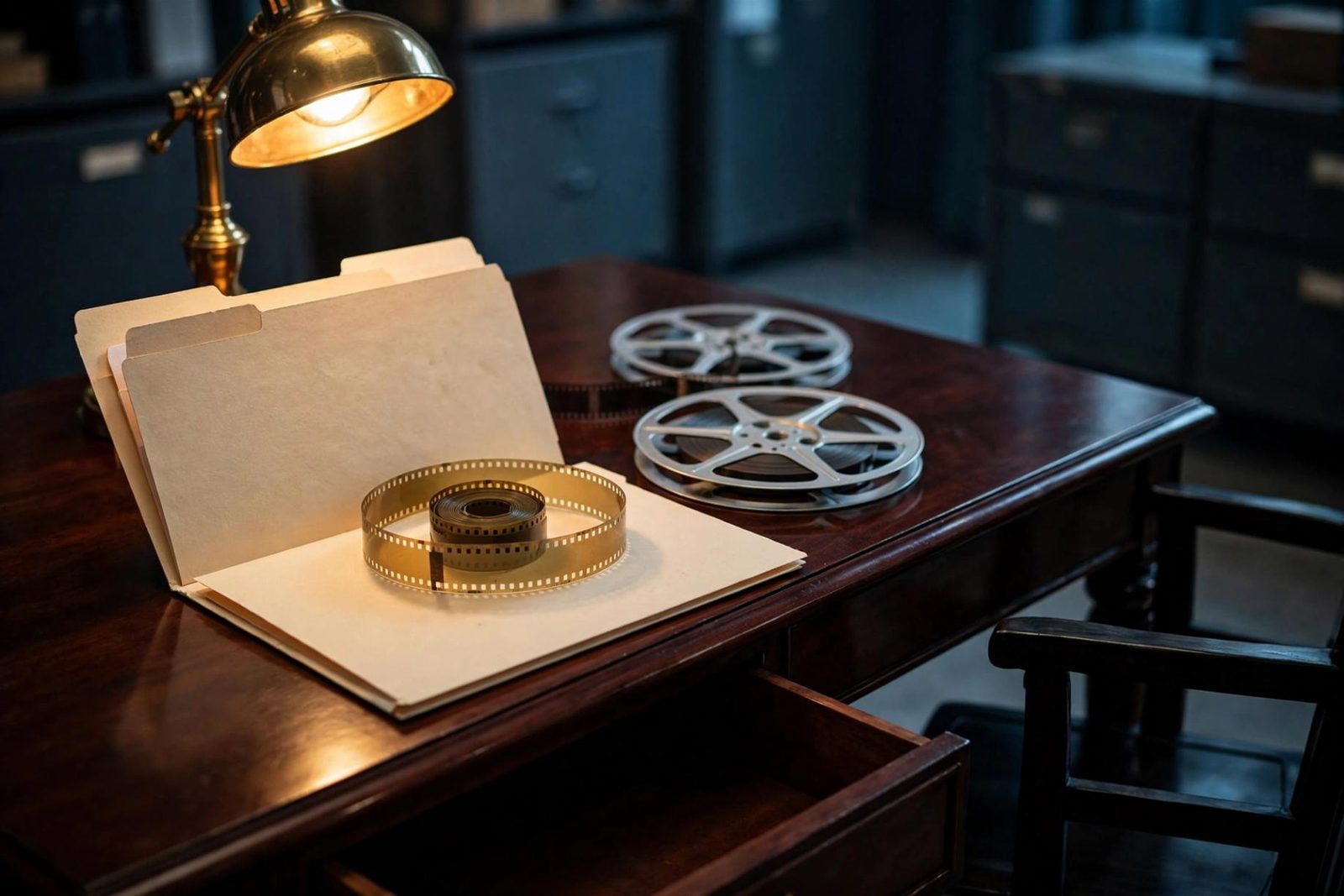 A folder holding a coil of clear film, filed as a document.