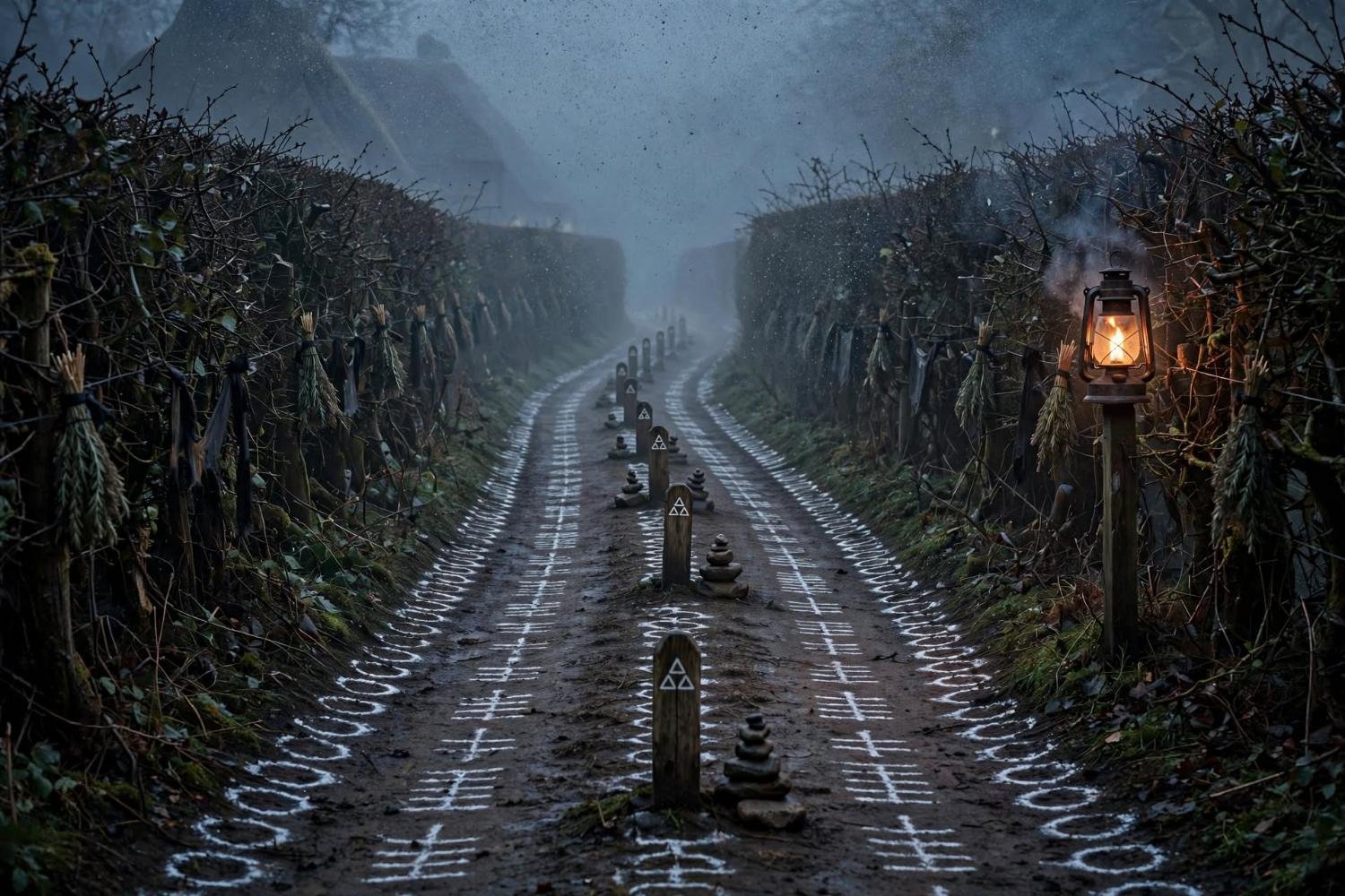 The path itself, chalk marks, cairns, a lantern in the hedge