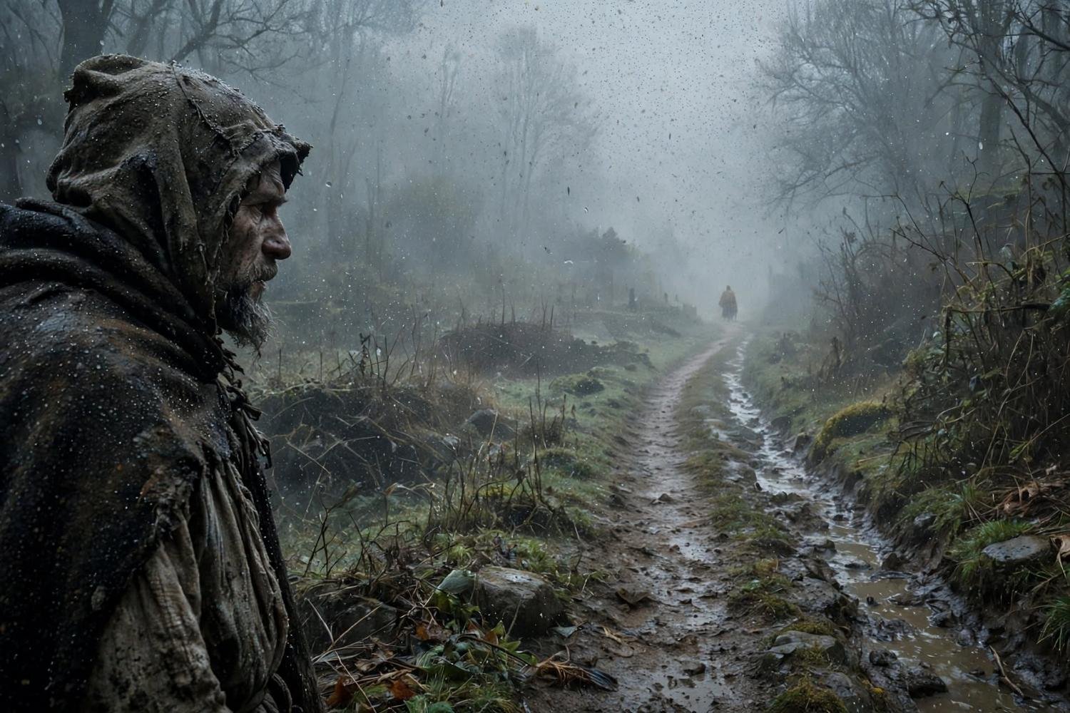 A man at the near edge of the path, another figure only at the far end