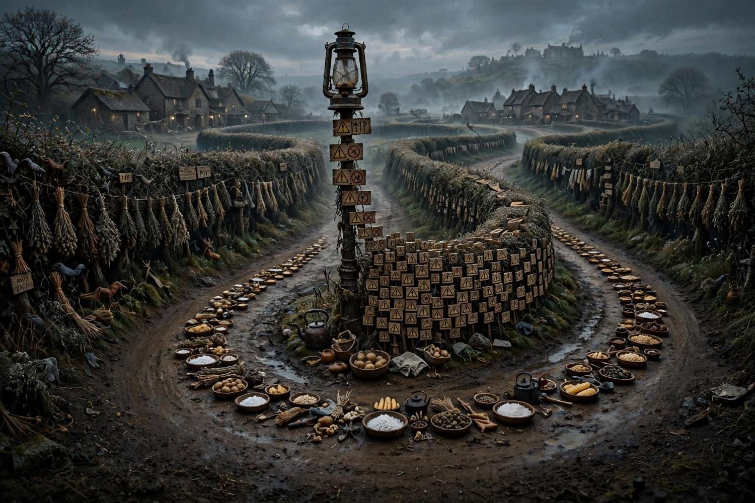 The fork between two villages, offerings laid where the roads meet