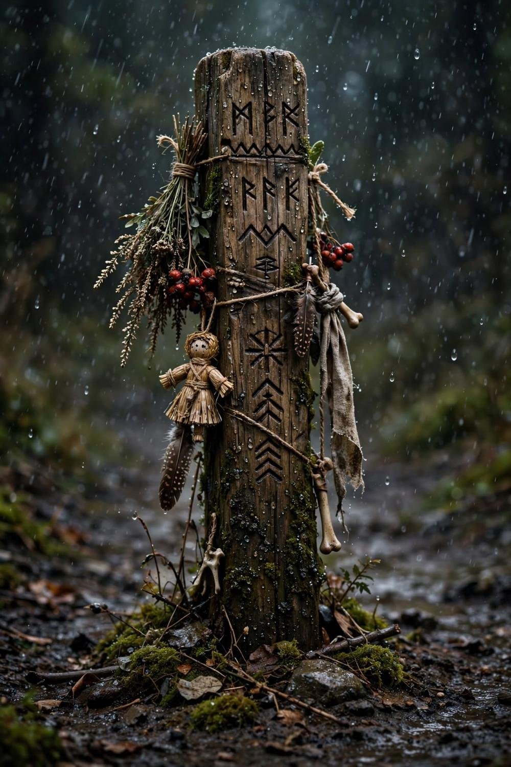 The marker post: straw doll, rowan, feather, and a bone