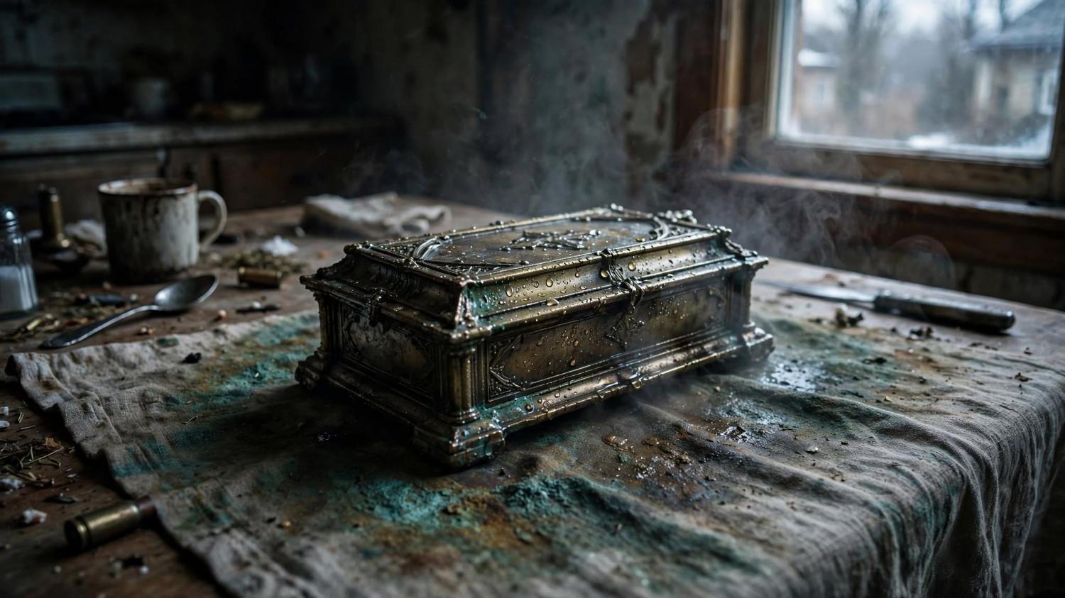 The same box on a kitchen table, among a cold cup, a spoon, a casing, and a knife.