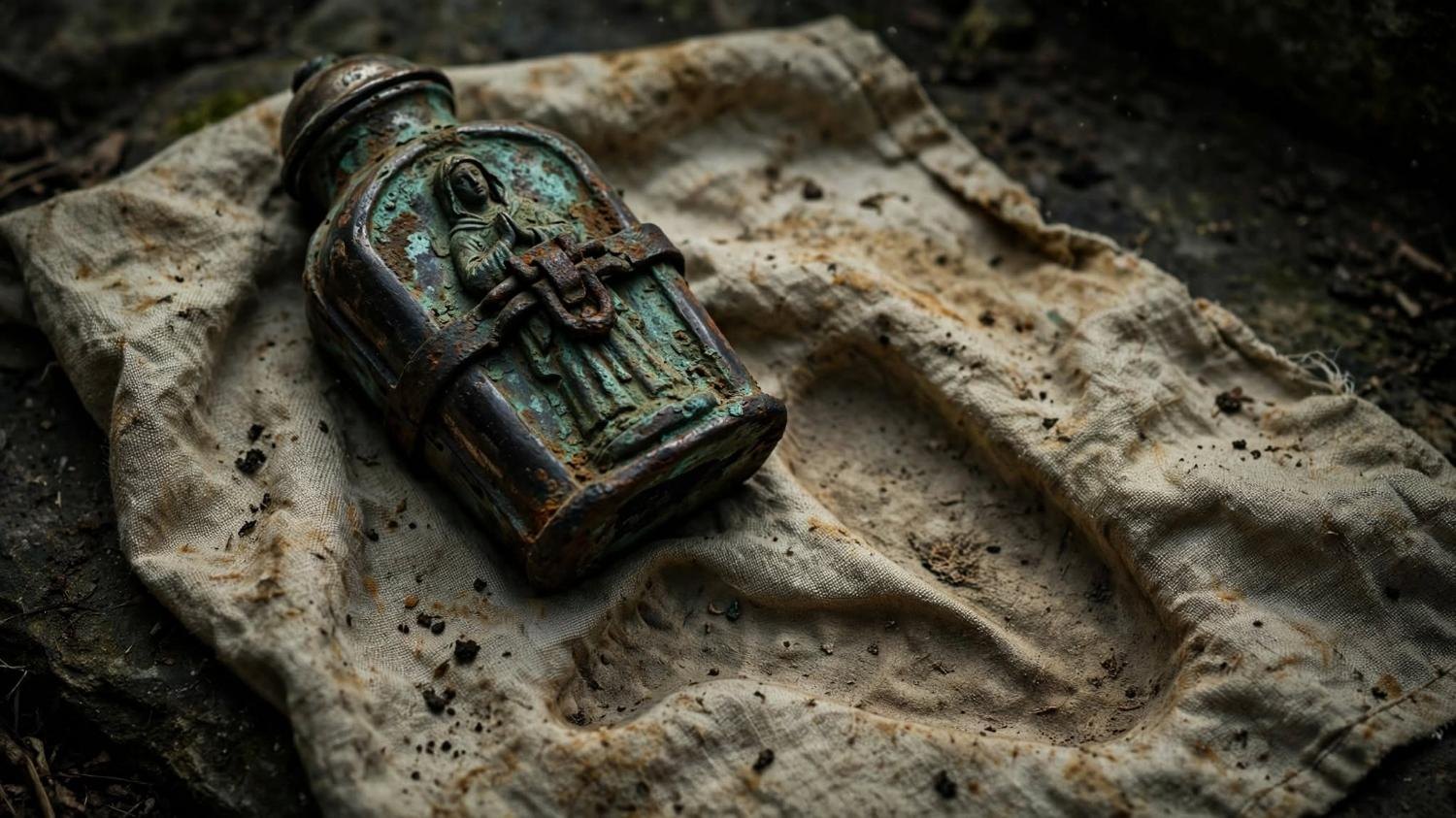 A small flask, green with rust, a saint pressed into the metal, on empty linen.