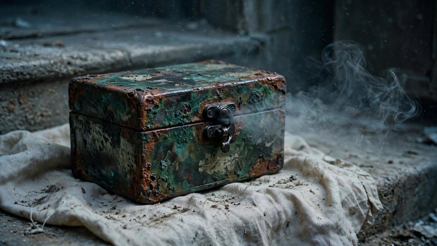 An oxidized copper box on dirty linen, smoke leaving the lock.