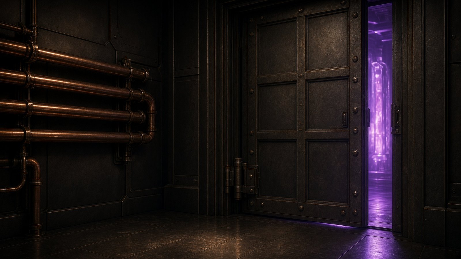 A blast door open a hand's width, violet leaking from a room beyond.