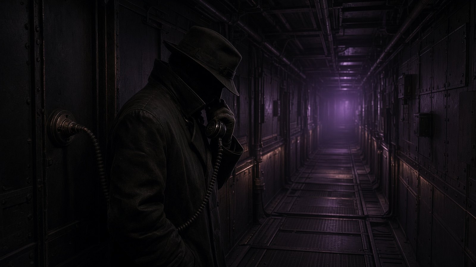A figure in a canvas coat at the edge, a receiver cabled into the wall.