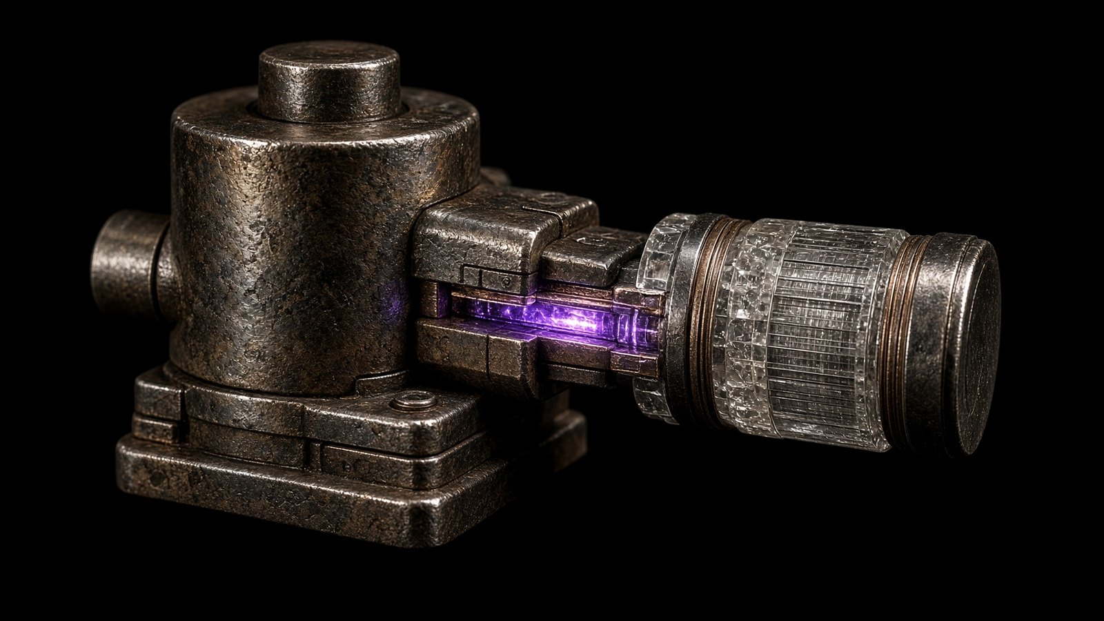 A dark iron hinge and a quartz spool, violet in the seam.