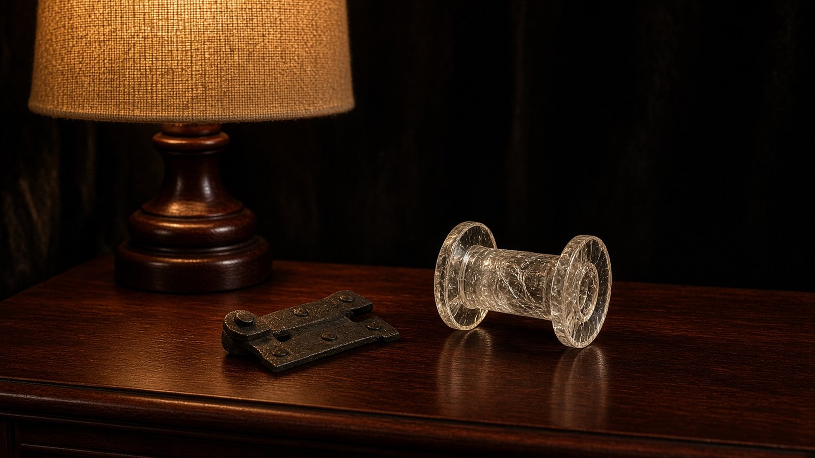 A hinge fragment and a quartz spool on a dark table, under one lamp.