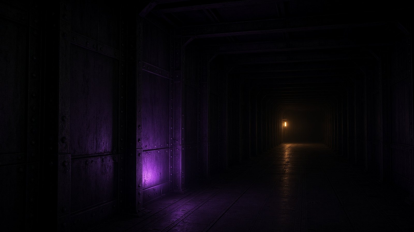 An empty corridor, violet at one end and a warm lamp at the other.