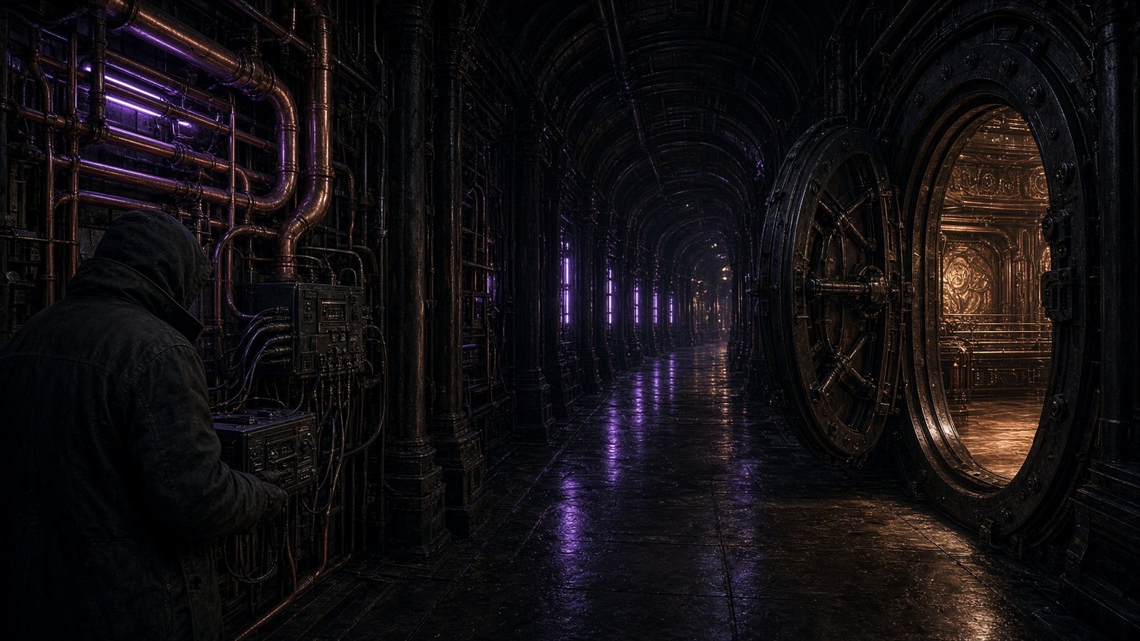 A dark iron corridor, a hydraulic door ajar, violet in the copper, a figure at the left edge.