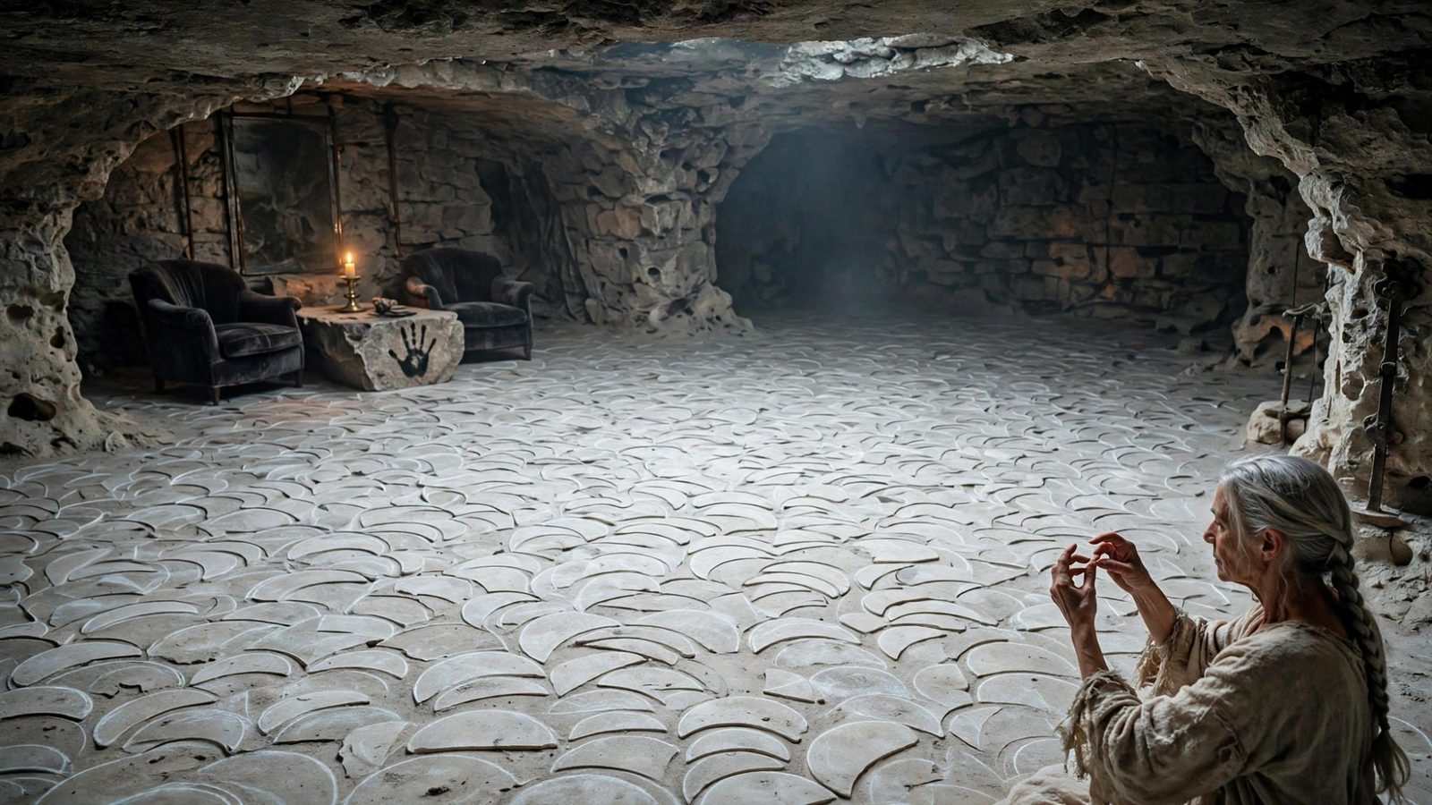 Hands held in an unfinished arc over a worn chalk circle.