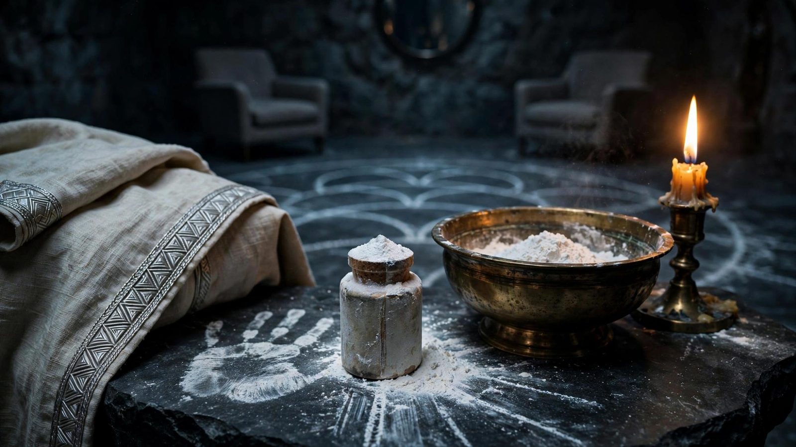 An empty cut-stone passage, the ritual continuing out of frame.