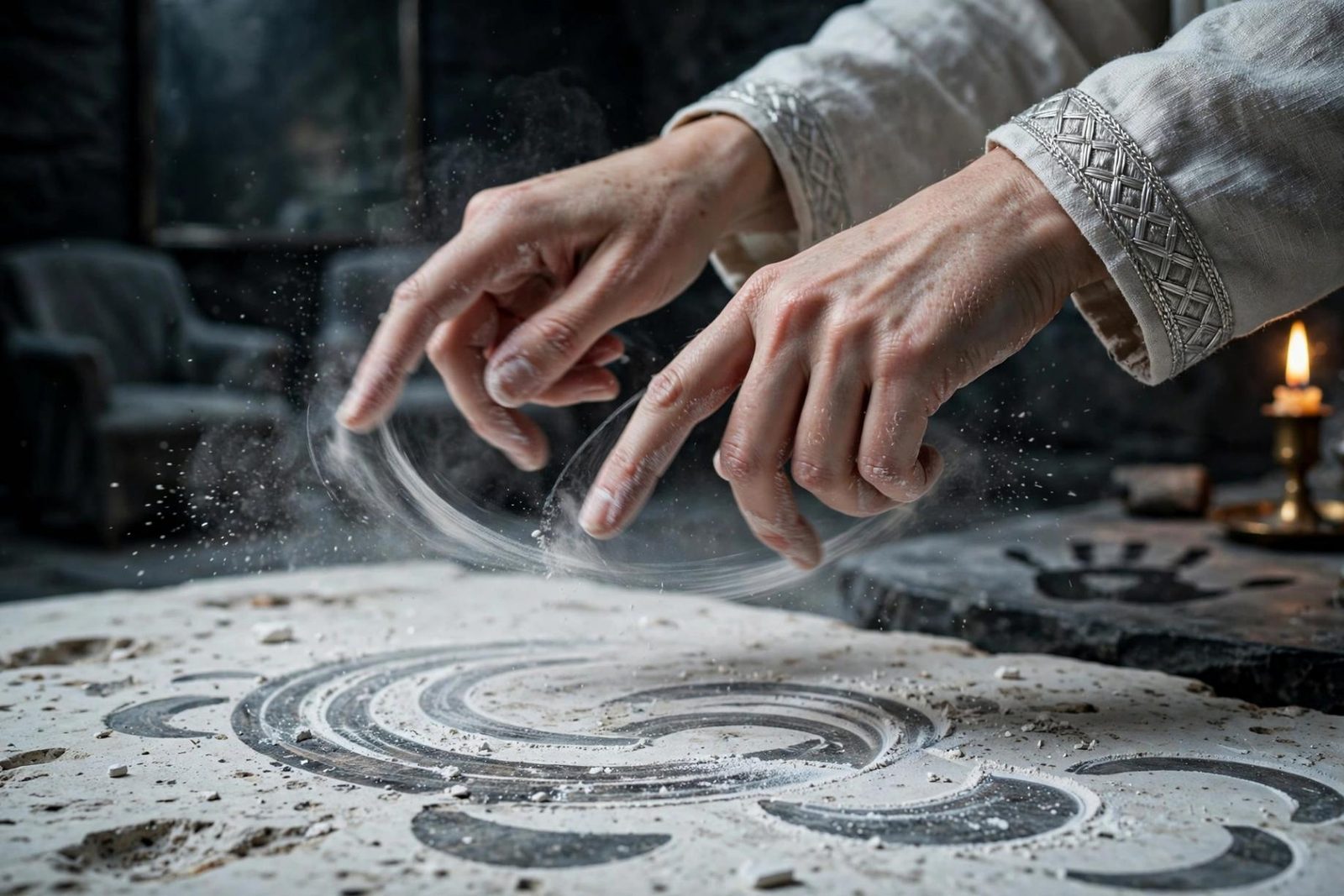A ring of robed figures under a full moon, white chalk on the ground.