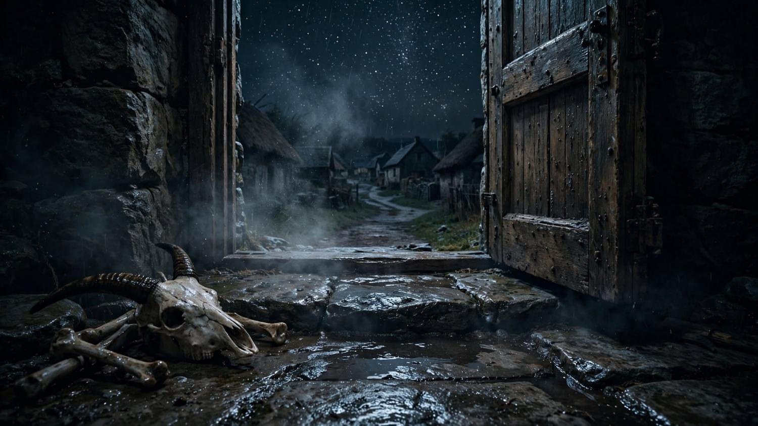 Rain on the village side. A horned skull at the threshold. The path does not cross.