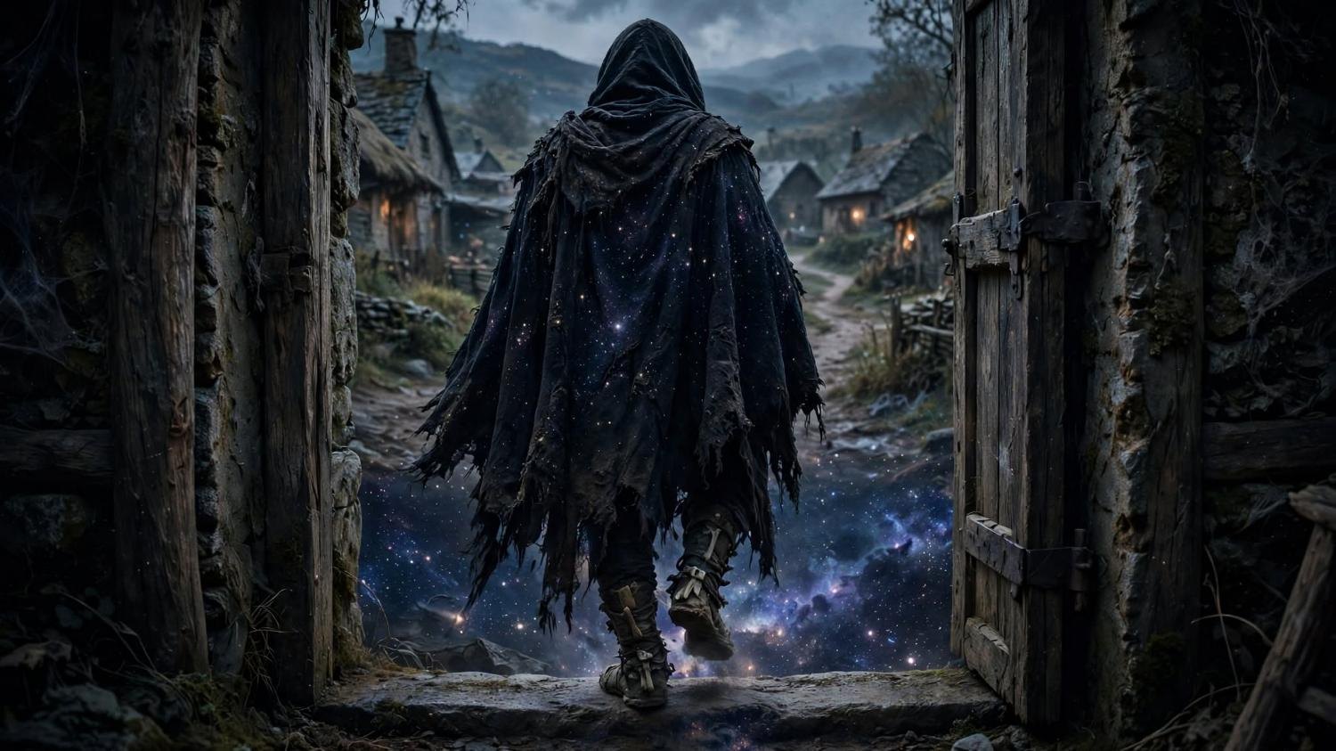 A back, a torn cloak full of stars, one foot already through the door.