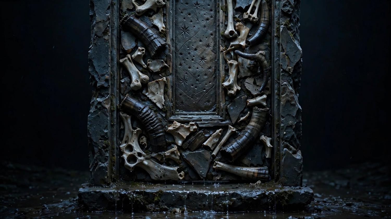 A piece of the door. Bone, horn, and stars cut into wet stone.