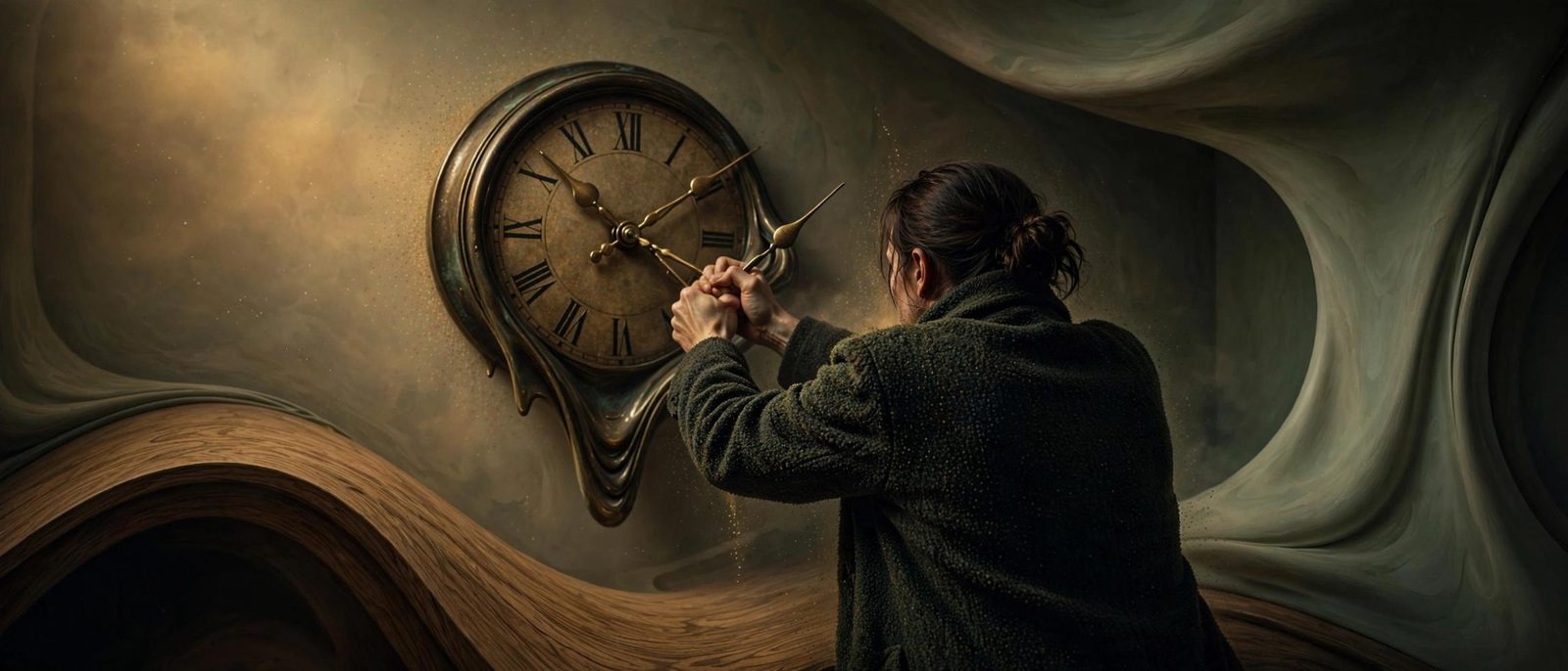 Hands adjusting a clock that has already begun to soften.