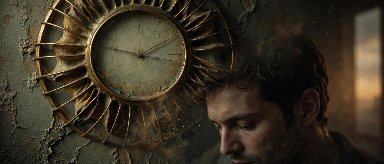 A sunburst clock fused with the side of a man's face.