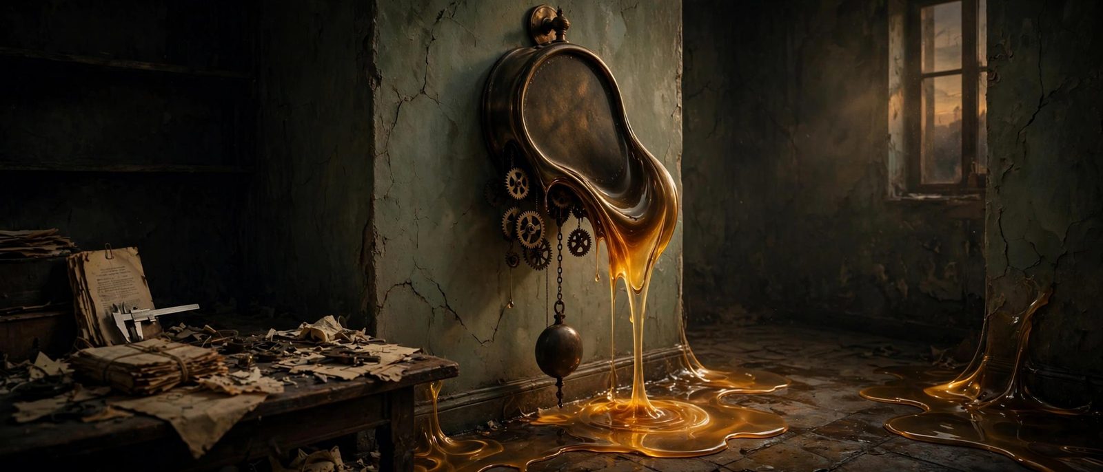 A pocket watch melted into a pool of metal, gears still visible.
